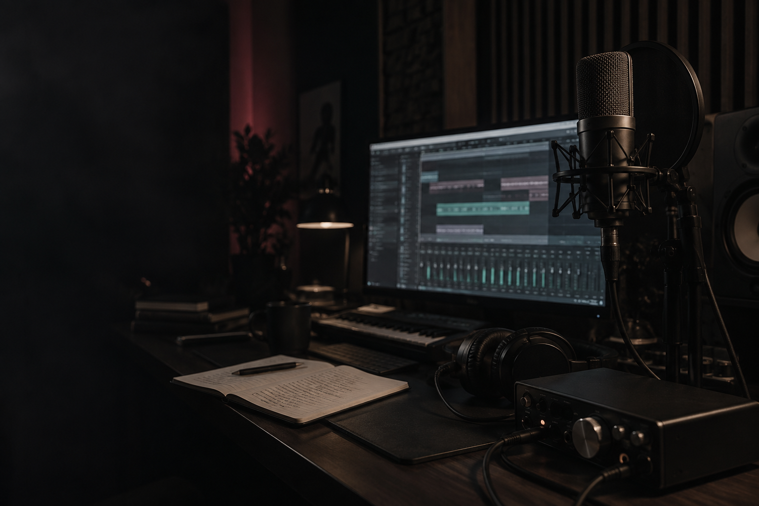 Dunkles Musikstudio mit Mikrofon, Audio-Interface und DAW auf dem Monitor